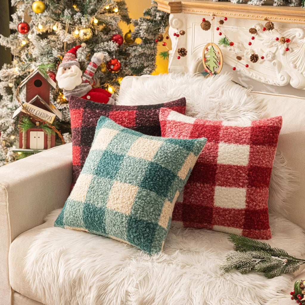 Red White Plaid Christmas Throw Pillow Covers 18x18 Inch - Set of 2