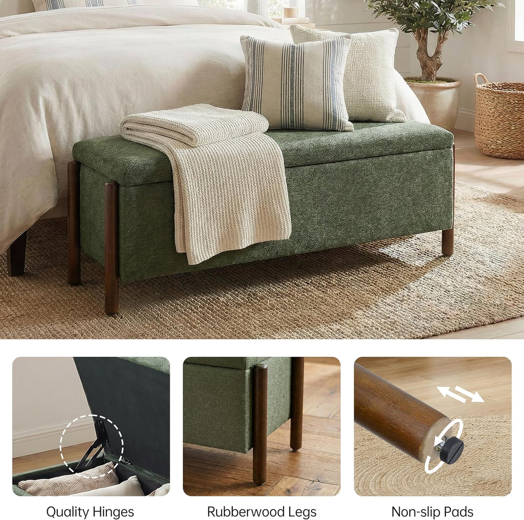 Wooden Storage Ottoman Bench, 47" Fabric Upholstered End of Storage Bench with Rubberwood Legs, Entryway Bench with