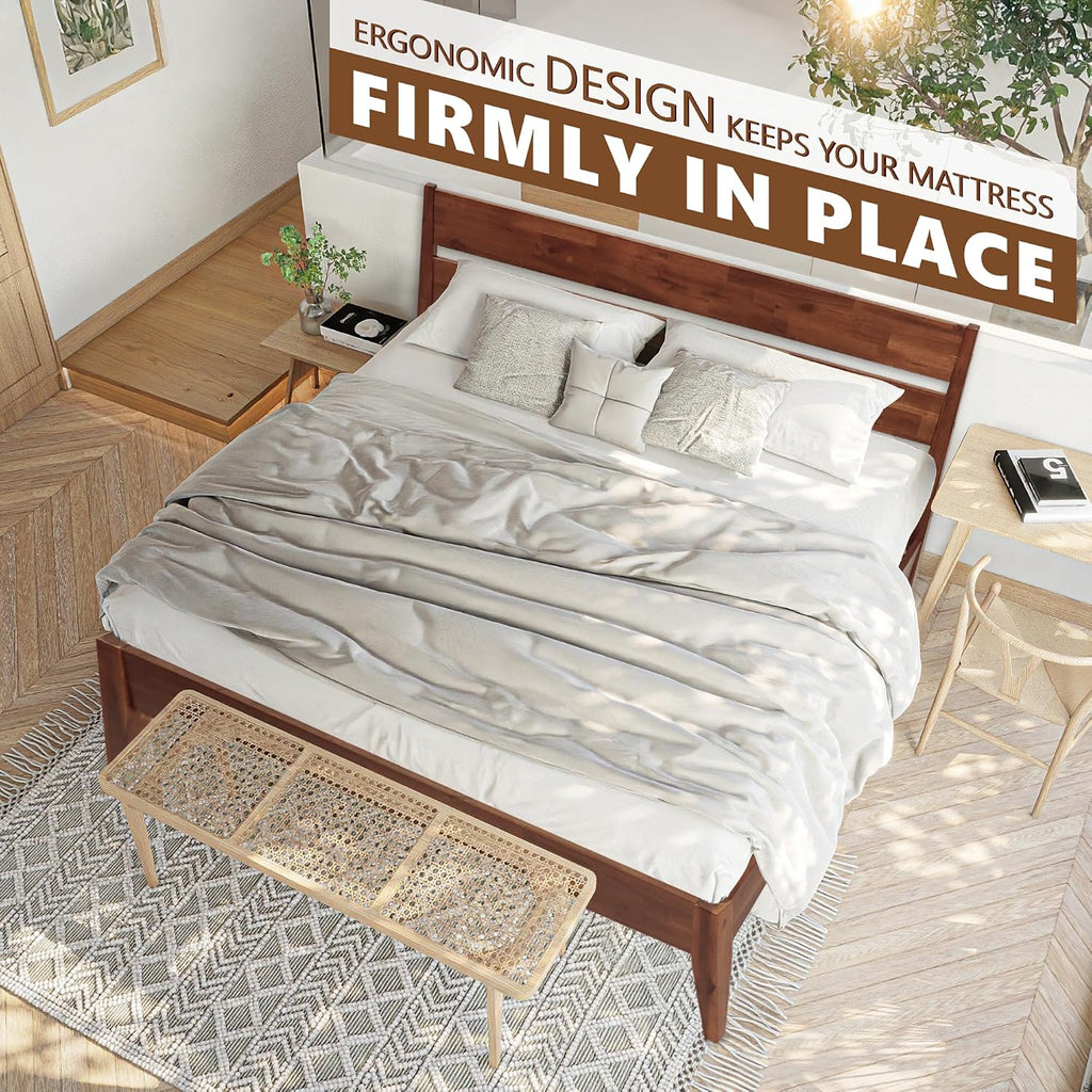 Emery Bed Frame with Headboard Solid Wood Platform Bed, Queen Size Bed Frame, Mid - Century Modern Wood Bed