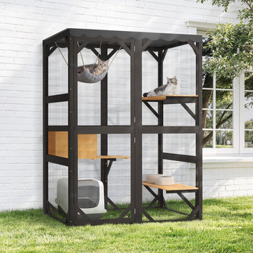 Large Catio Outdoor Cat Enclosure with Weatherproof Roof, 69.3" Walk-in Cat House for Multiple Cats, 3-Tier Wooden