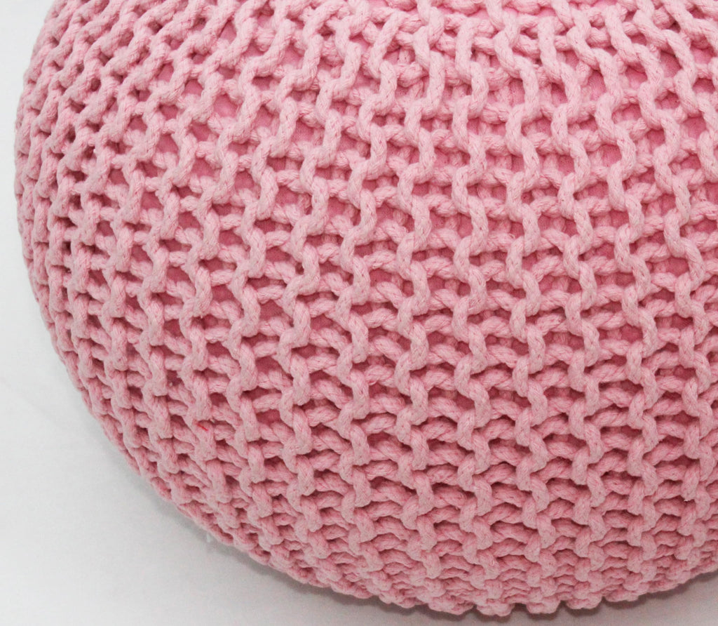 Round Pink Pouf - Hand Knitted Cotton Braid Cord Dori Ottoman