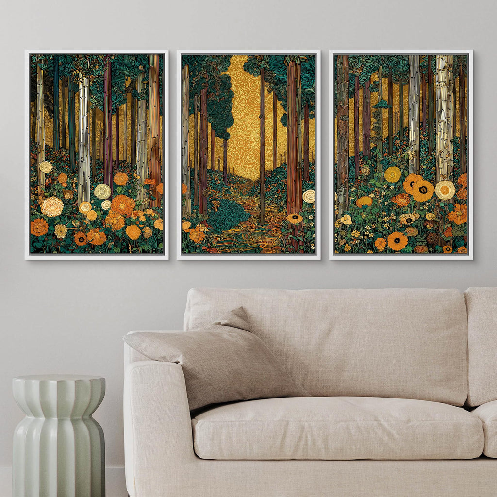 Framed Print Wall Art Set Klimt Style Sunlit Forest Vibrant Green and Gold Floral WoodlandDecorative Minimal