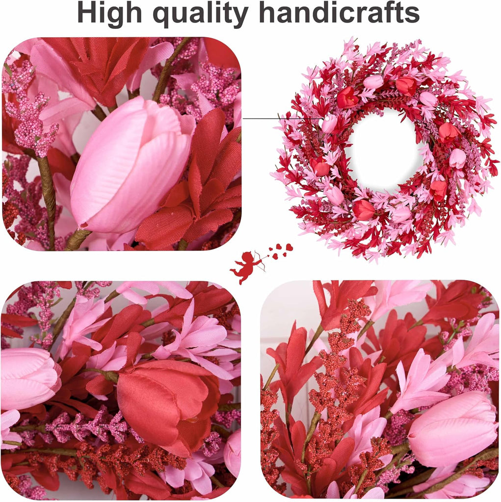 Valentines Day Decorations 22 Inch Valentine's Day Wreath Pink Flower Wreaths for Front Door with Red Tulip Pink