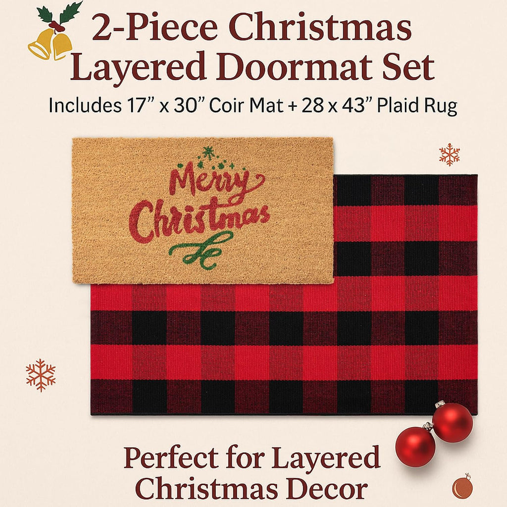 Christmas Door Mat Combo Set - 100% Coco Coir Welcome Mat + 28 x 43 Inch Red and Black Plaid Rug, New Year Holiday