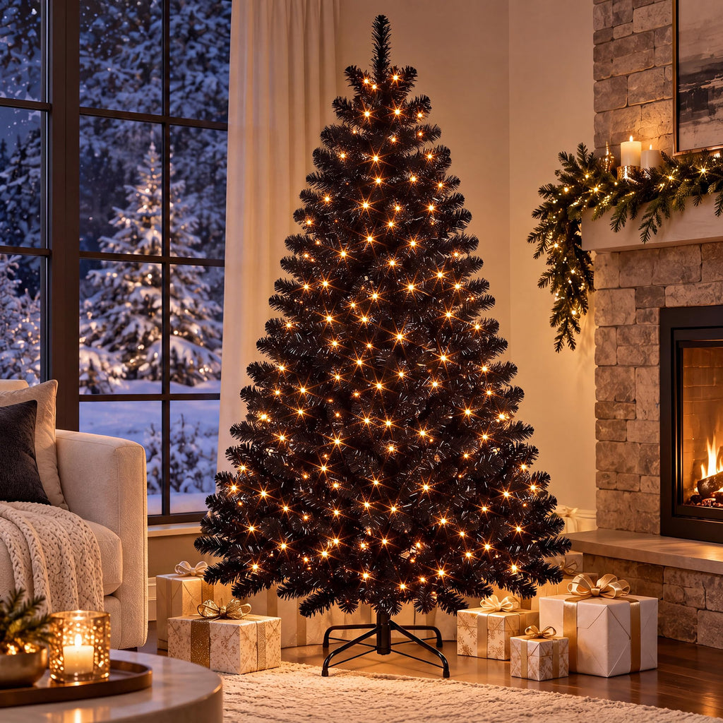 6FT Black Pre-Lit Christmas Tree, 300 Warm White LED Lights
