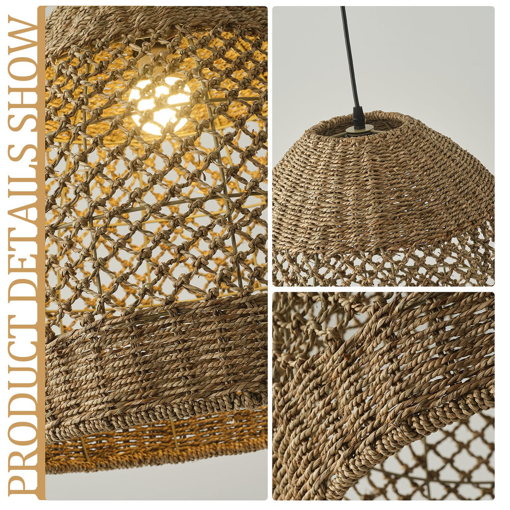 Rattan Pendant Light, 13.78" Boho Seagrass Chandelier