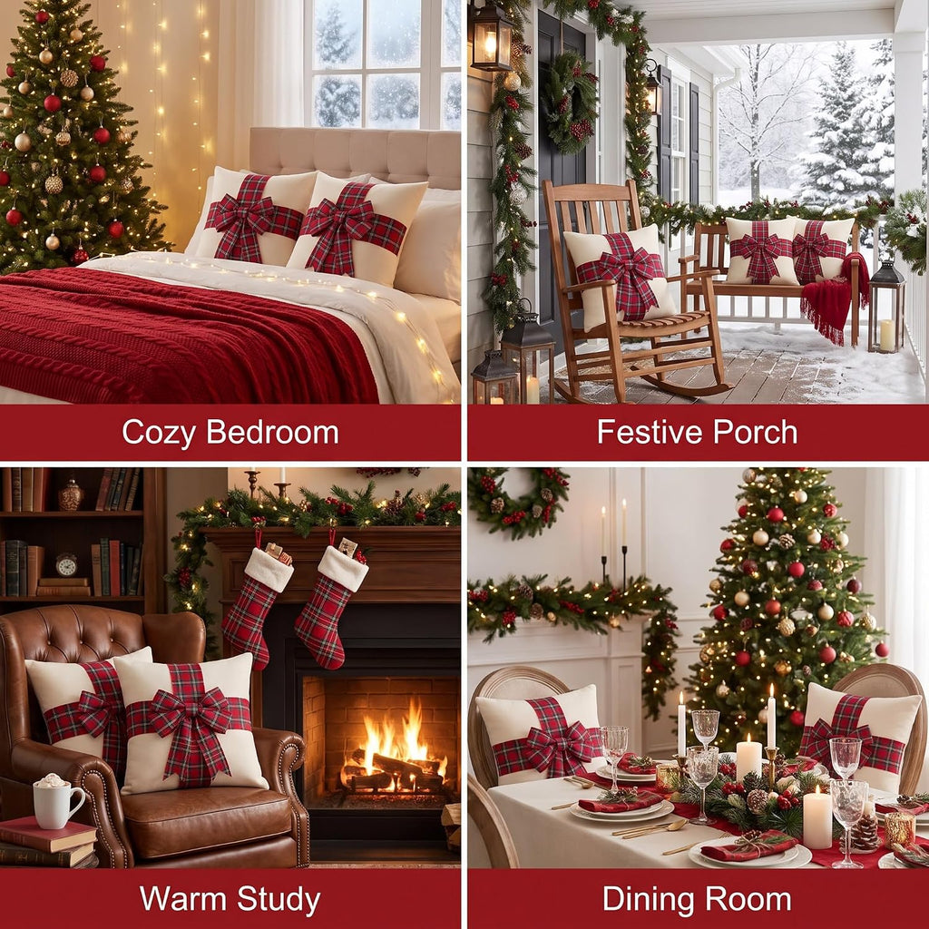 Christmas Pillow Covers with 3D Red Plaid Bow - Set of 2