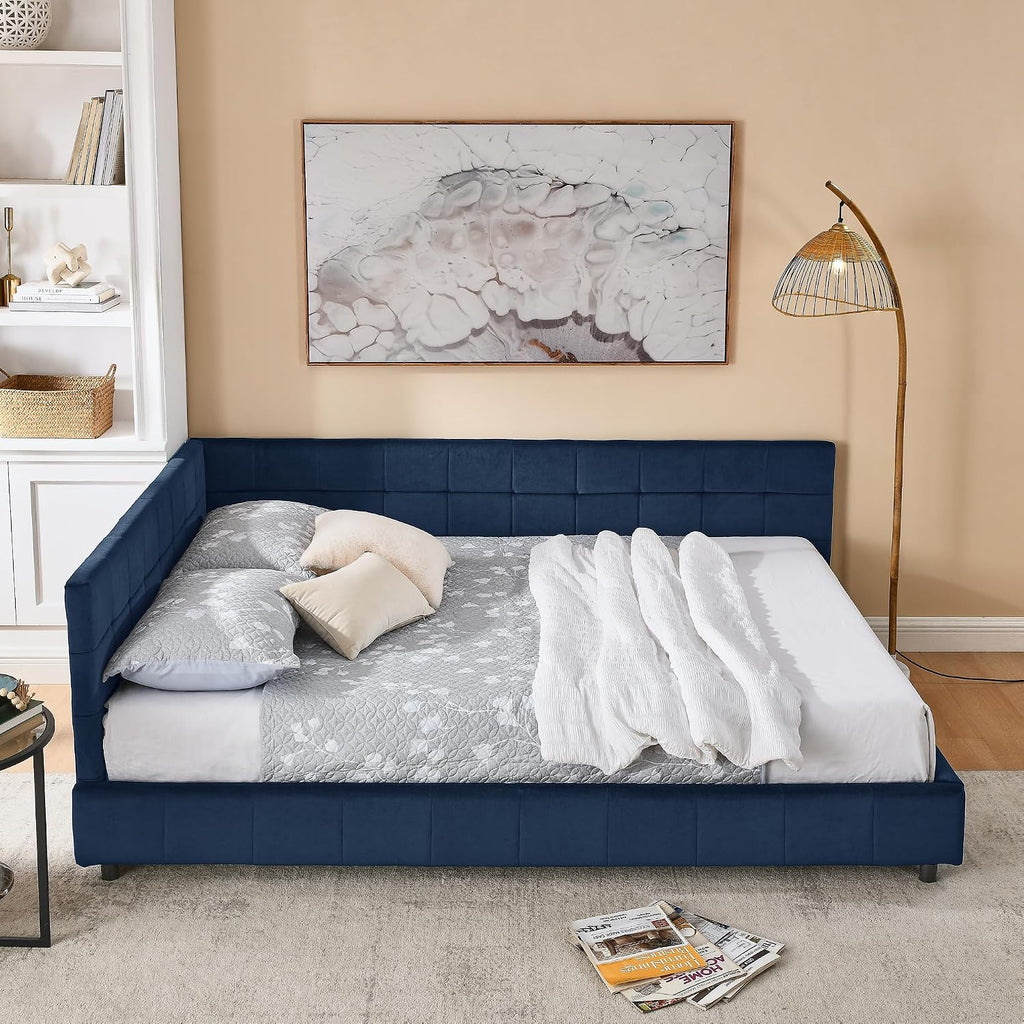 Queen Size Daybed, Velevet Upholstered Day Bed Frame with Tufted Backrest and Armrests,Solid Wood Slat Support,No Box