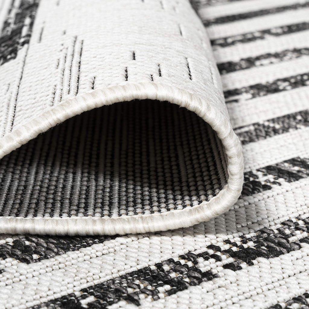 Stripe Geometric Indoor Outdoor Runner Rug 2X8 Ivory/Black, Zolak Berber for Backyard, Patio, Porch, Easy-Cleaning
