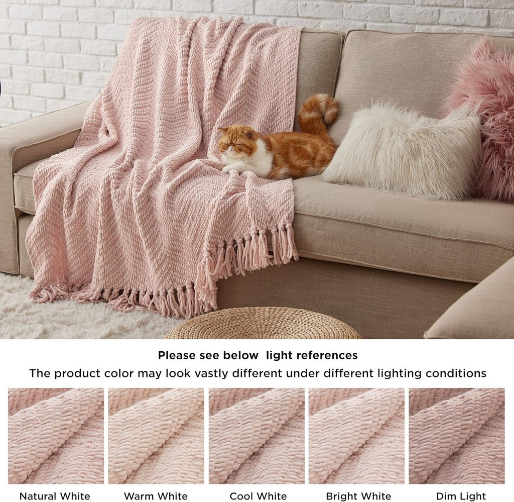 Spring Throw Blankets, Warm Decorative Boho Throw with Tassels, Light Pink, 50x60 Inches