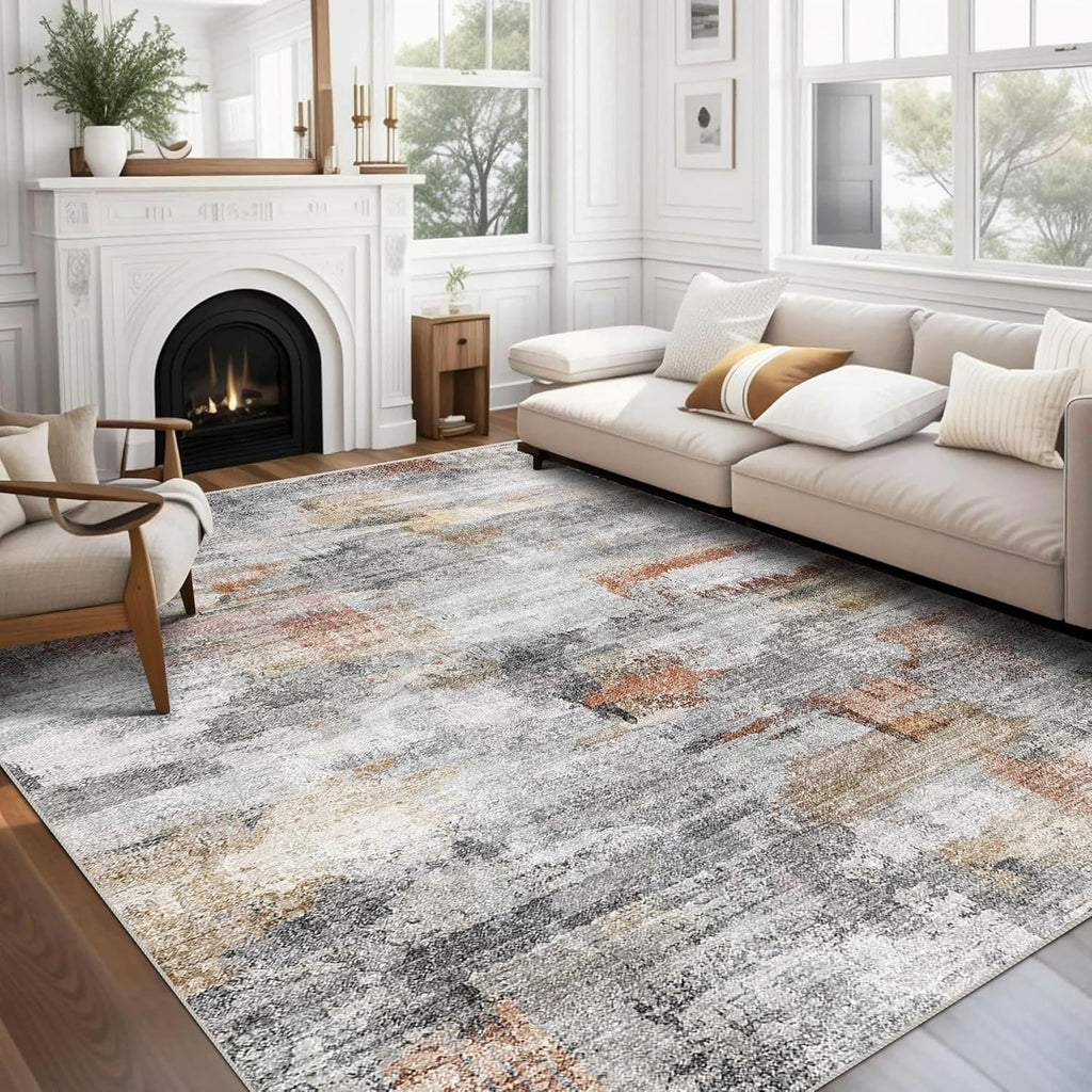 6x9 Washable Abstract Area Rug, Soft Non-Slip Carpet for Living Room Bedroom Grey Rust