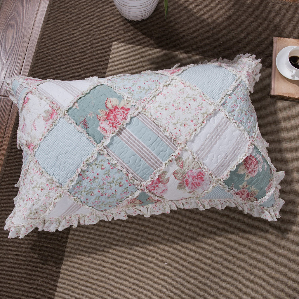 Cottage Floral Patchwork Bedspread Set - Hint of Mint Dainty Quilted Cotton Blooming Garden Botanical - Multi