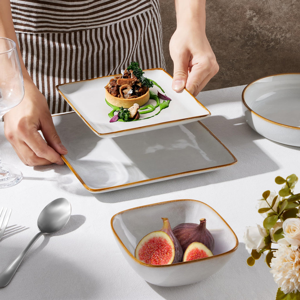 Square plates and bowls Sets for 6, 18-Piece Reactive Glaze Stoneware Dinnerware Sets, Porcelain Dishware Sets Home