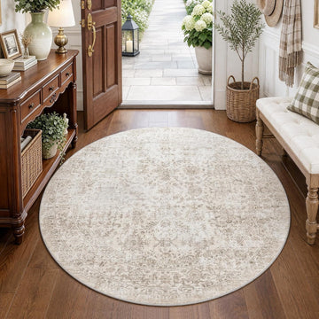 5ft Round Washable Beige Neutral Vintage Area Rug