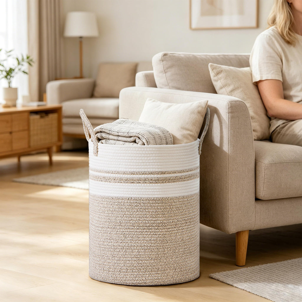 53L Tall Cotton Rope Laundry Basket with Handles, White & Brown