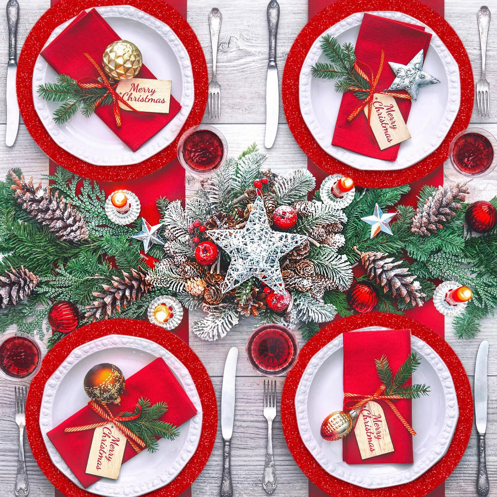 50 PCS Red Paper Placemats Round Place Mat Glitter Disposable Paper Charger Doilies Tablemats for Christmas