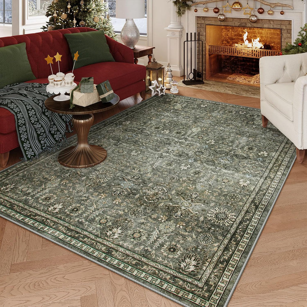 Sage Green Area Rug 6x9, Machine Washable Rugs, Boho Vintage Soft Bedroom Carpet Nursery Apartment Office, Dark Green
