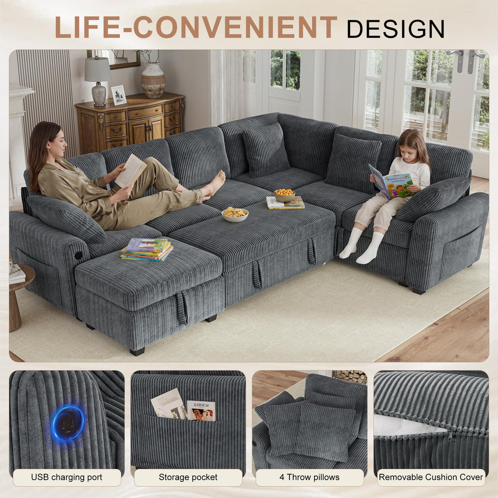 106" Sectional Sofa with Pull Out Couch Bed, 6 Seater Corduroy Sleeper Sofa with Storage Ottoman & USB Charging, Comfy