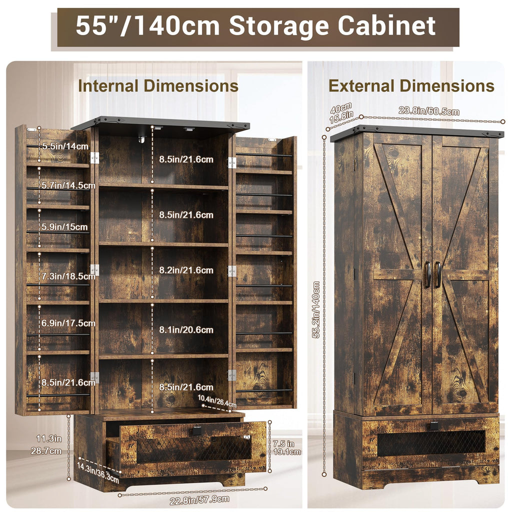 Farmhouse Pantry Cabinet with Adjustable Shelves and Drawer, Kitchen Cabinet Buffet Cupboards Storage Brown
