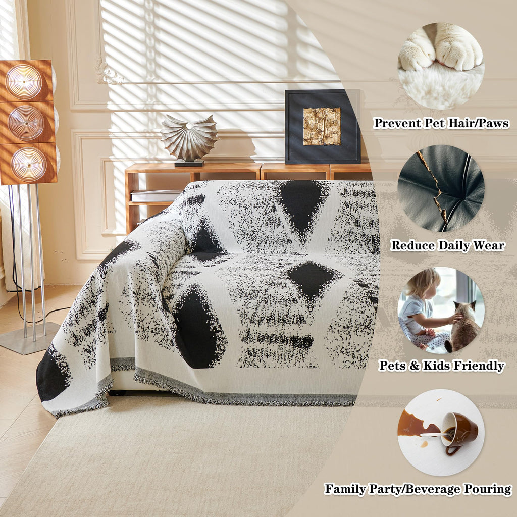 Boho Couch Cover for Dogs Washable Black Rhombic Couch Sofa Protector for Loveseat Sofa with Pets Friendly Chenille