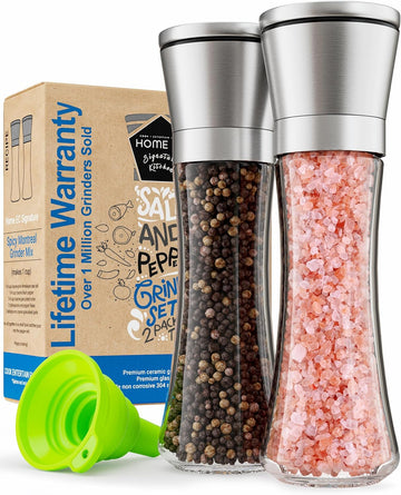 Premium Stainless Steel Sea Salt and Pepper Grinder - Adjustable Ceramic - Tall Glass Salt and Pepper - Set of 2