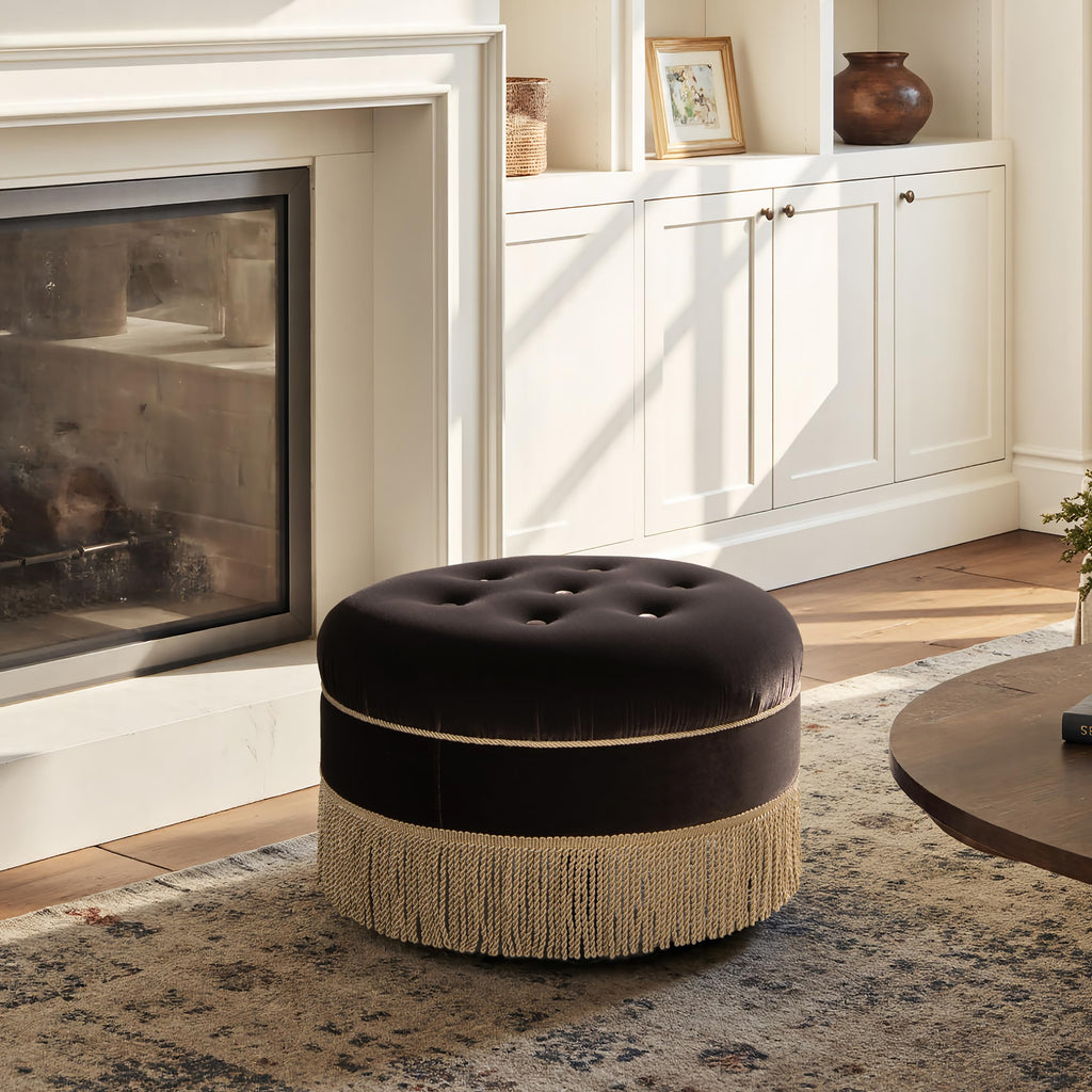 Yolanda 24" Round Upholstered Accent Ottoman, Deep Brown Performance Velvet