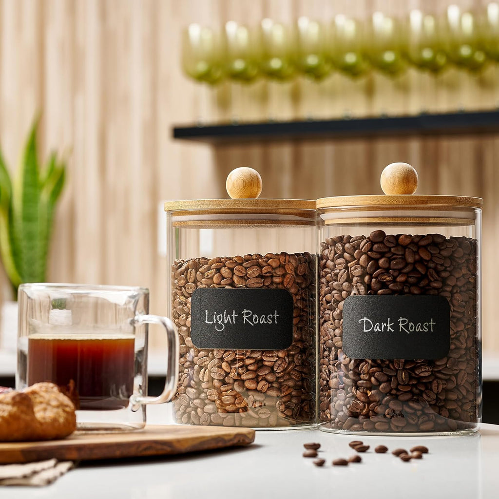 Glass Canisters Counter with Airtight Bamboo Lids + Marker & Labels - 68oz. Large Cookie Jars Wooden Lid - Set of 2