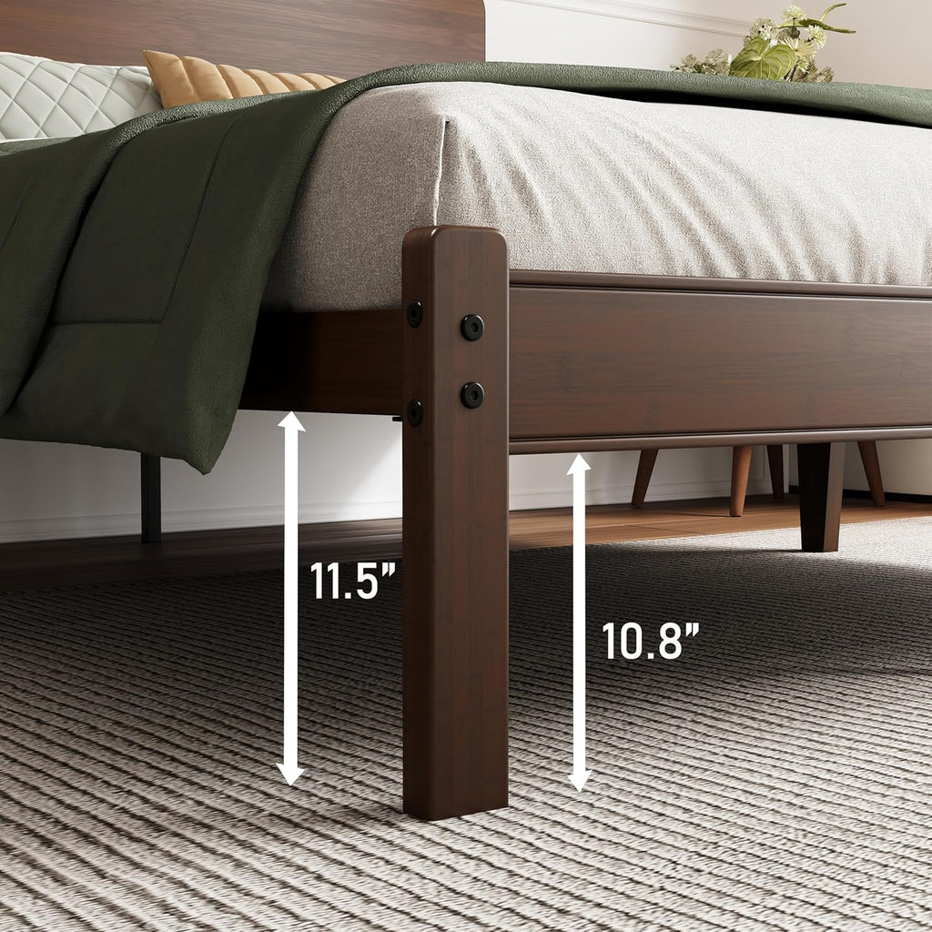 14in High Solid Bamboo Wood Platform Queen Bed Frame with Headboard, Reinforced Heavy Duty Metal Slats, Noise Free