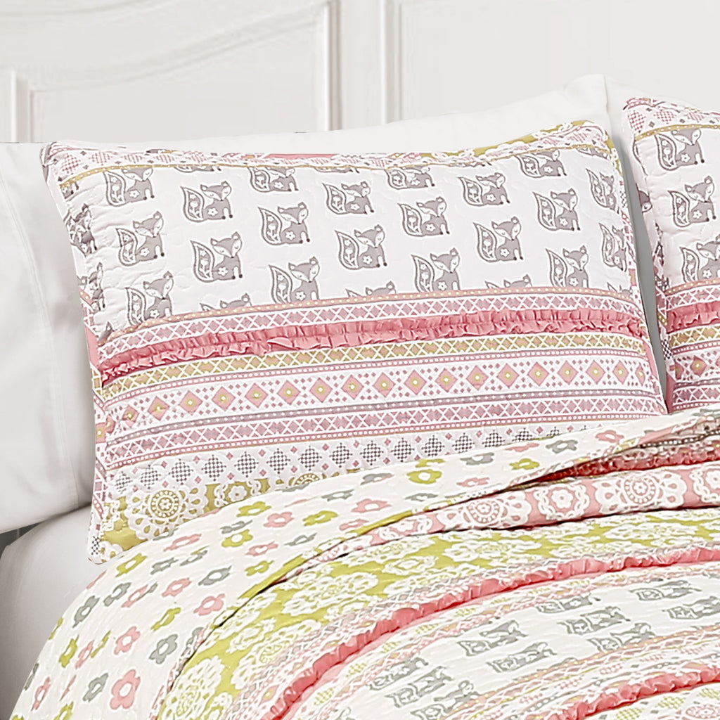 Fox Ruffle Stripe 4 Piece Quilt Set, Twin, Pink/Gray