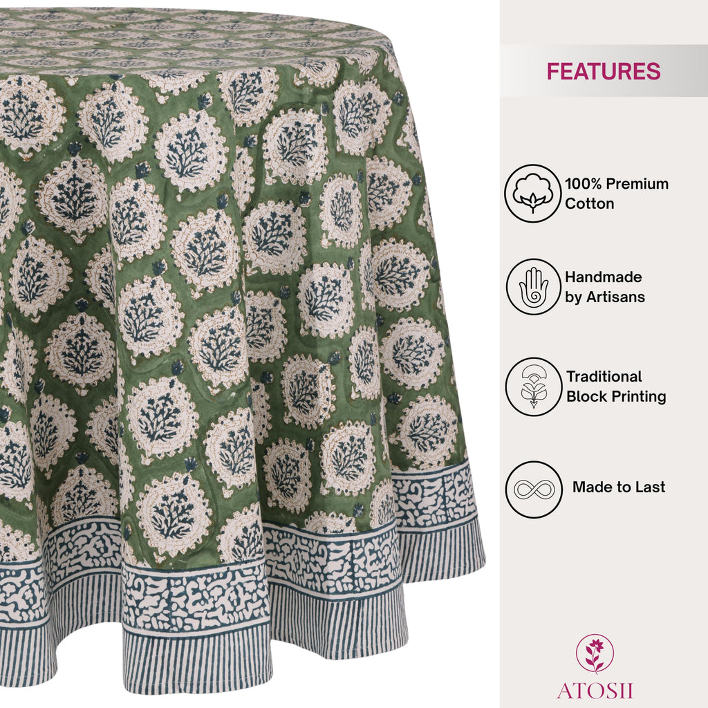 Cotton Blockprint Round Tablecloth, Kari Green, 90 Inches