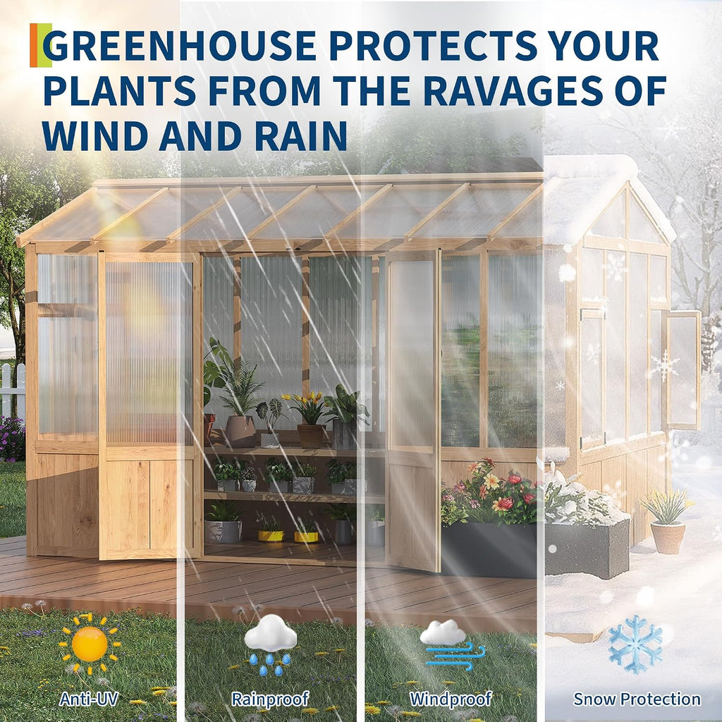 8X12 FT Wooden Greenhouse for Outdoor - Heavy Duty Walk-in Green House Kit with 6mm Polycarbonate, Lockable Door &