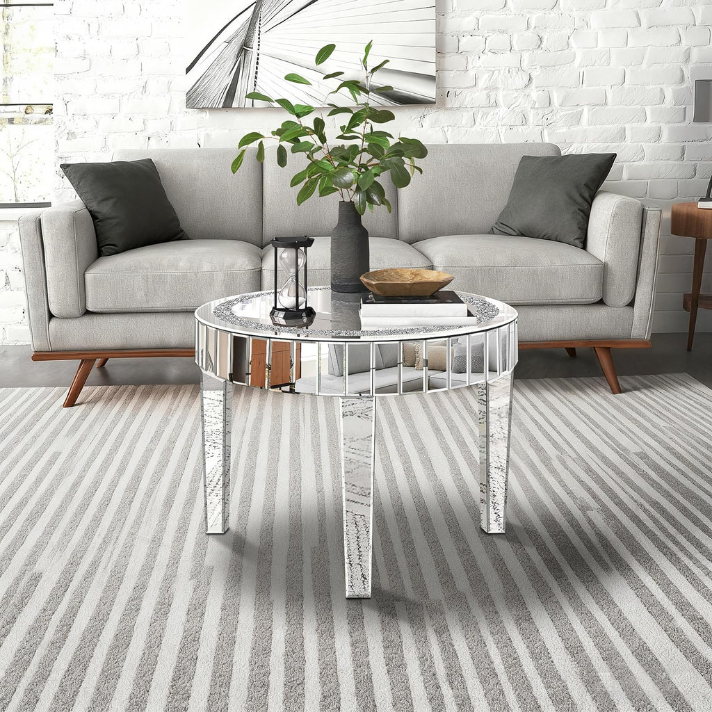Silver Mirrored Coffee Table with Crystal Inlay, Round Glass Tea Table with Mirrored Finish, Modern Center Table