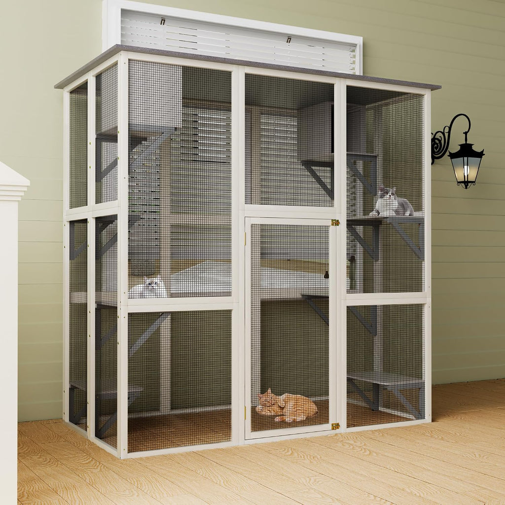 Gray Wooden Outdoor Catio Cat Enclosure with Weatherproof Asphalt Roof, Large Walk-in Cat House with 6 Platforms & 2