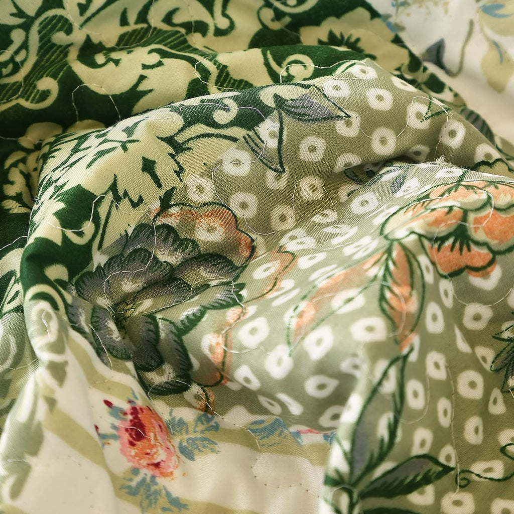 Summer Floral Queen Quilted Bedspread,Romantic Green Quilt Set,Reversible Stitched Bedding Cover All Season,Soft