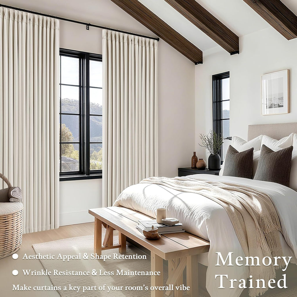 90 Inch Pinch Pleated Blackout Linen Curtains for Bedroom 2 Panels Memory Trained 100% Black Out Soundproof Room