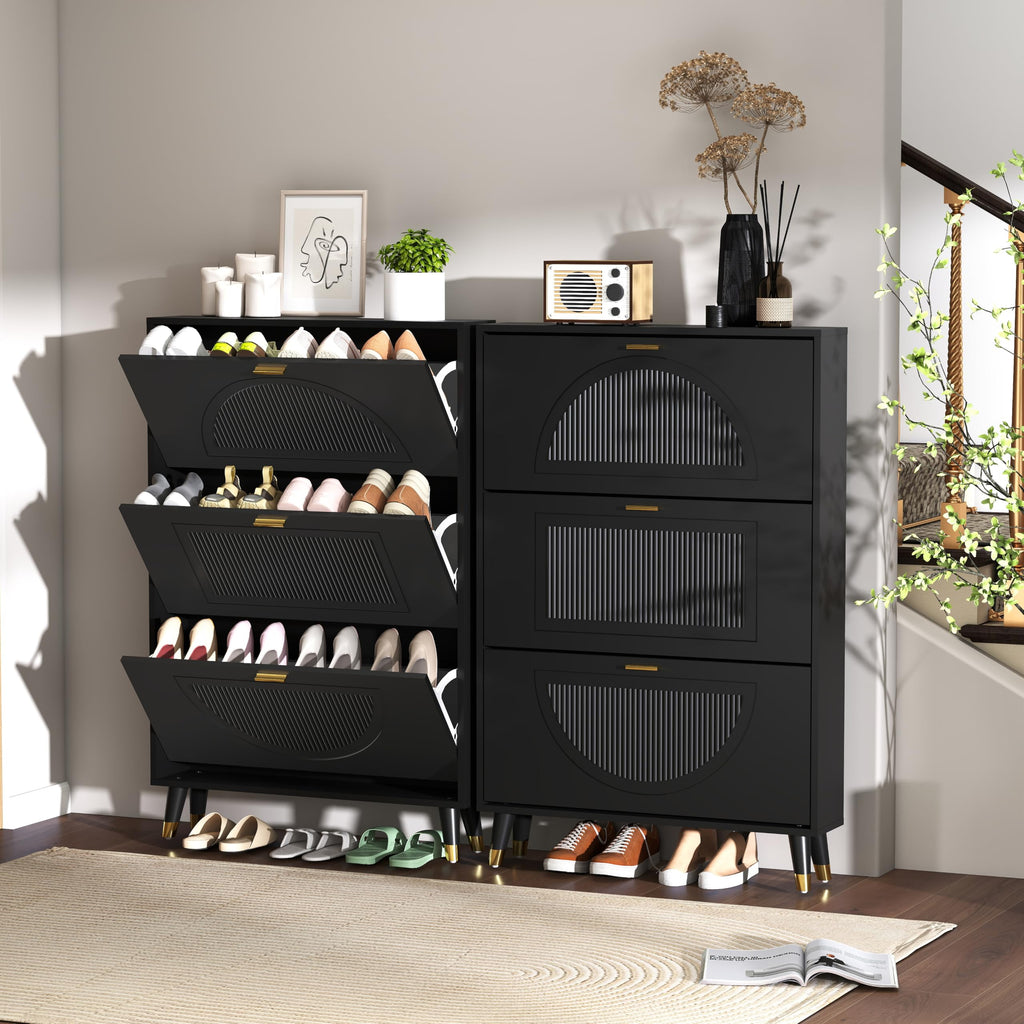 Black Narrow Shoe Cabinet Storage with 3 Flip Drawers