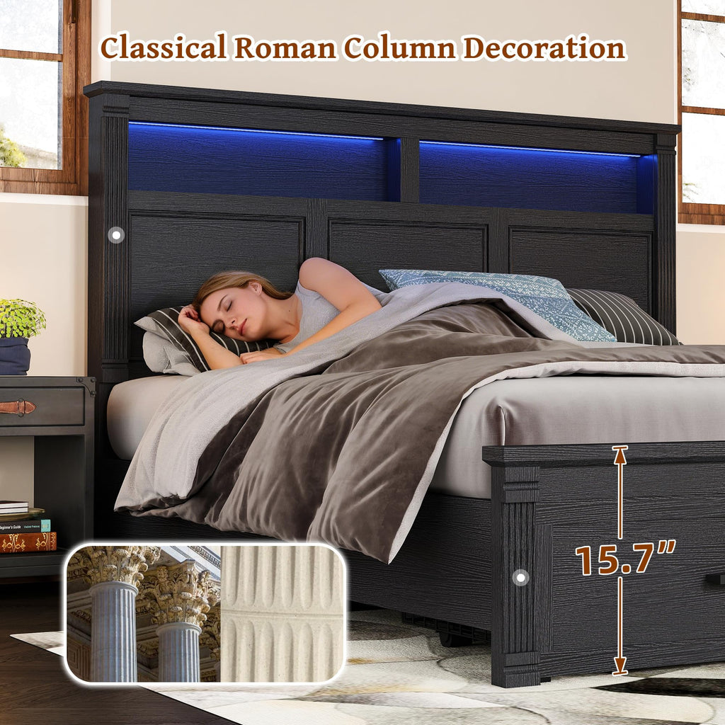 Farmhouse 53" Tall Bed Frame, Headboard& 2 Storage Drawers, Black