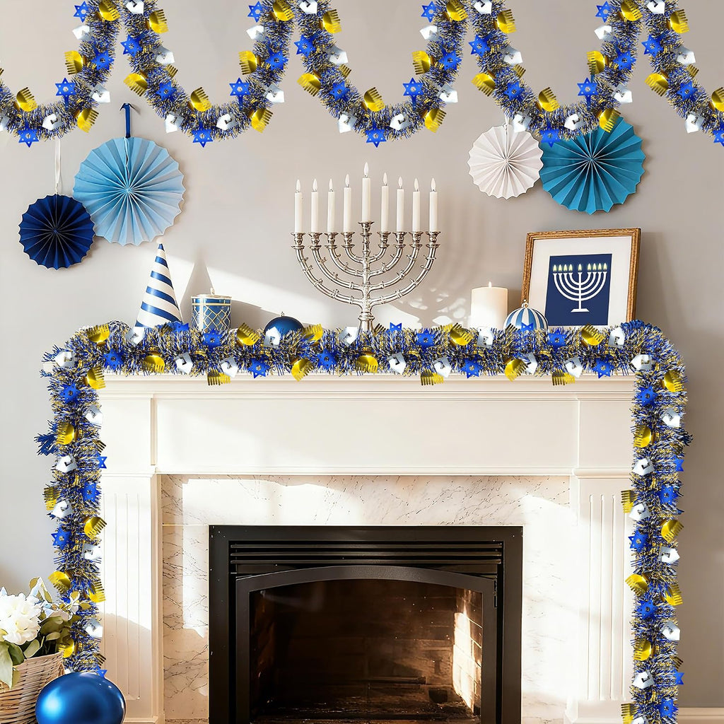 50FT Hanukkah Decorations Tinsel Garland, Blue Gold Silver Shiny Metallic Tinsel Twist Hanukkah Garland with Dreidel - Set of 50