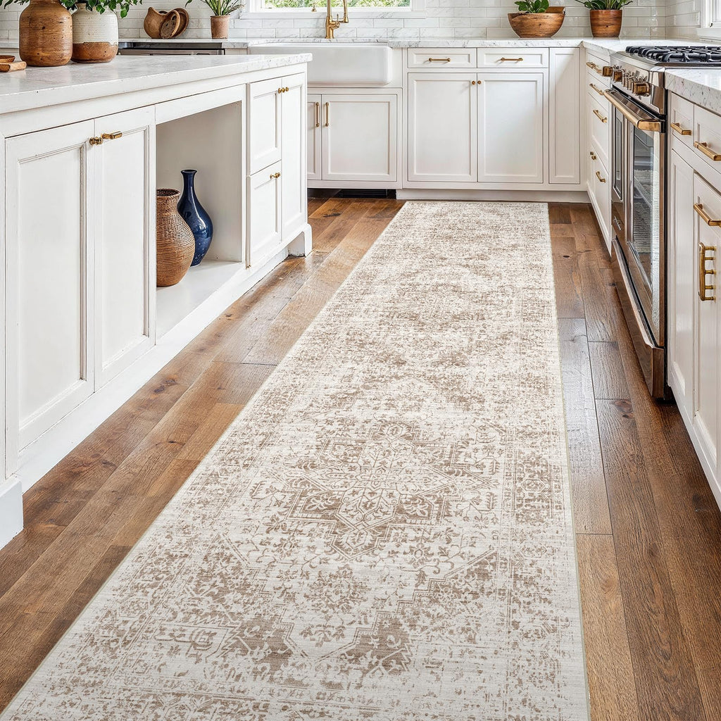 2'6"x14 Washable Long Runner Rug: Vintage Non Slip Hallway Rug IvoryBeige