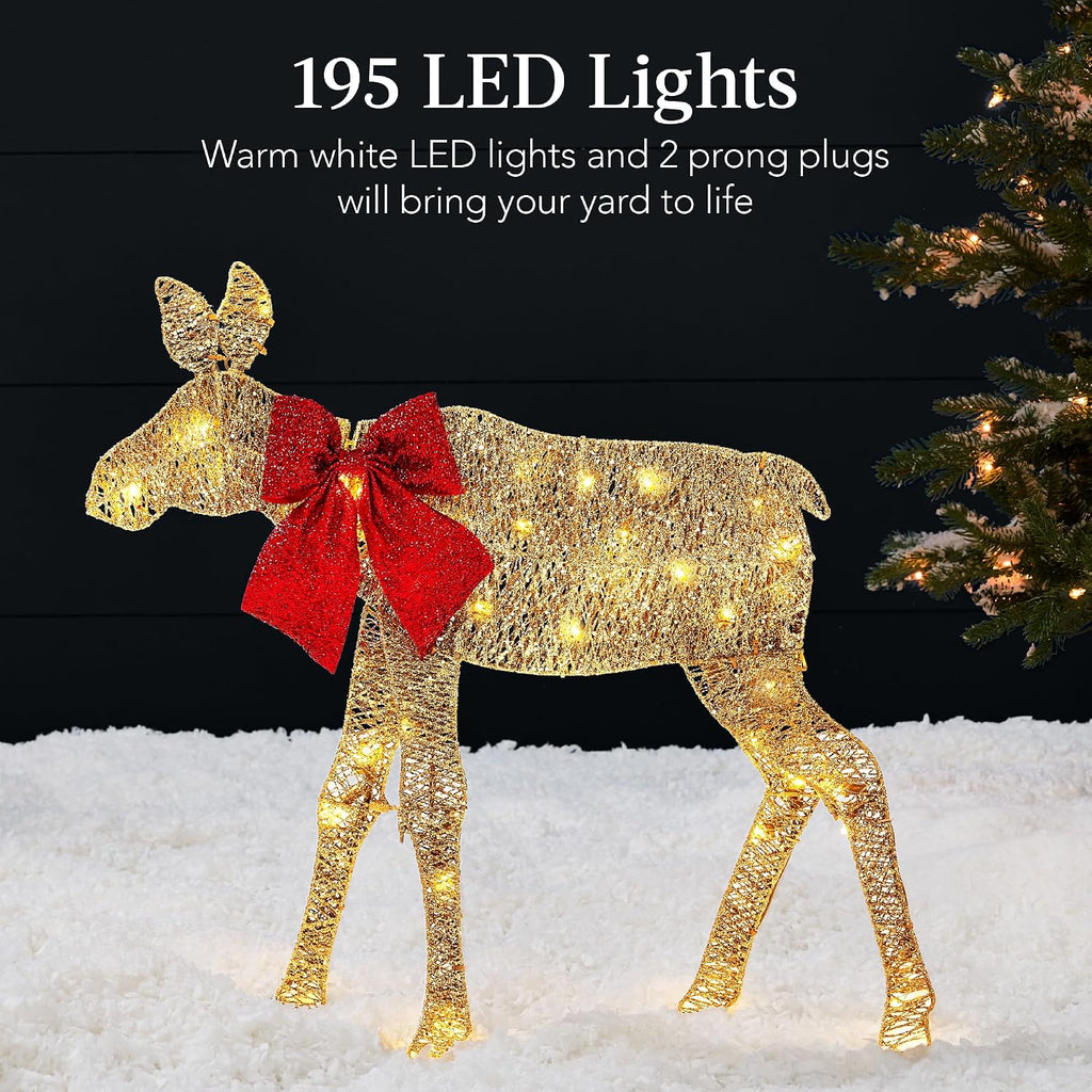 2D Moose Family Outdoor 3pc Christmas Yard Décor, 4ft Lighted Set Prelit All-Weather w/ 195 LEDs, Ground Stakes
