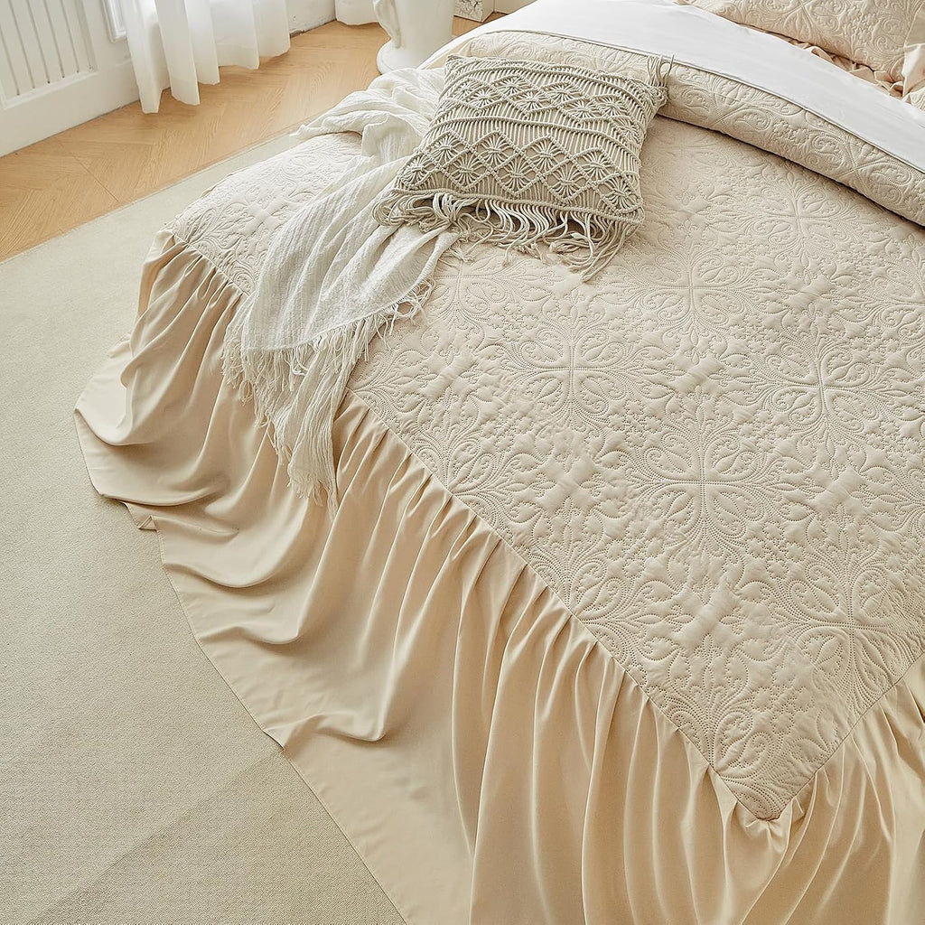 Ruffle Skirt Bedspread Set Floral Design - 30" Long Drop Vintage Cream Chic Ruffled Summer Coverlet Bed Quilt Boho