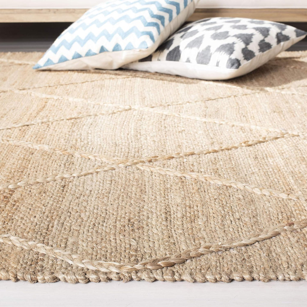 Natural Fiber Collection Accent Rug, Natural, Farmhouse Rustic Moroccan Trellis Braided Tassel Jute Design