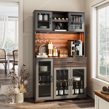 71" Tall Pantry Cabinet with Glass Doors, Kitchen Hutch Storage Cabinet, Coffee Bar & Liquor Cabinet with Charging
