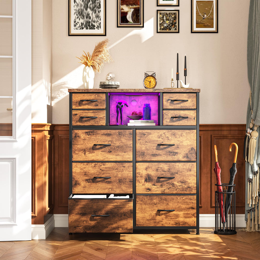 10-Drawer Tall Dresser, LED & Charging Station, Brown