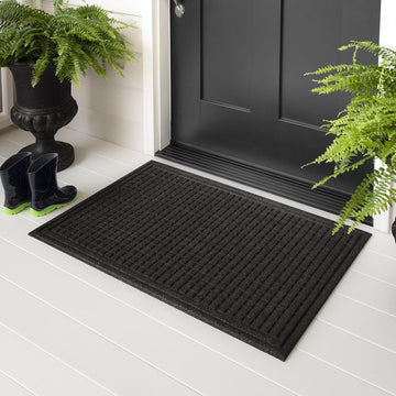 Entryway Door Mat 2' x 3' All Weather Doormat Outdoor Non Slip Recycled Rubber, Black Squares