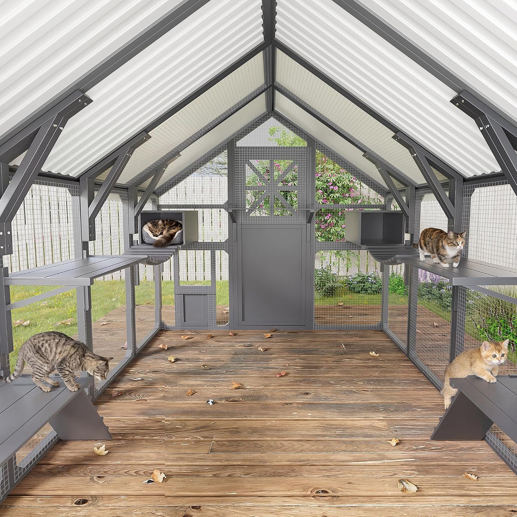 94.5" Walk-in Catio Outdoor Cat Enclosure for Multiple Cats, Wooden Cat Run Cage with Insulated Resting Boxes, PVC