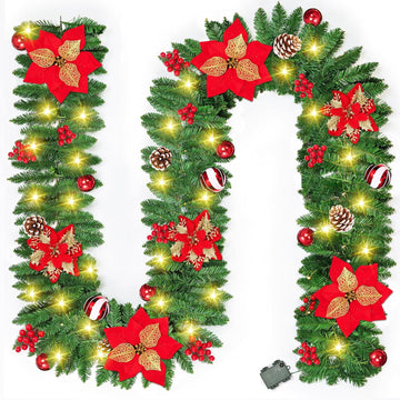 9FT Pre-Lit Christmas Garland with Lights, Battery Operated with Timer