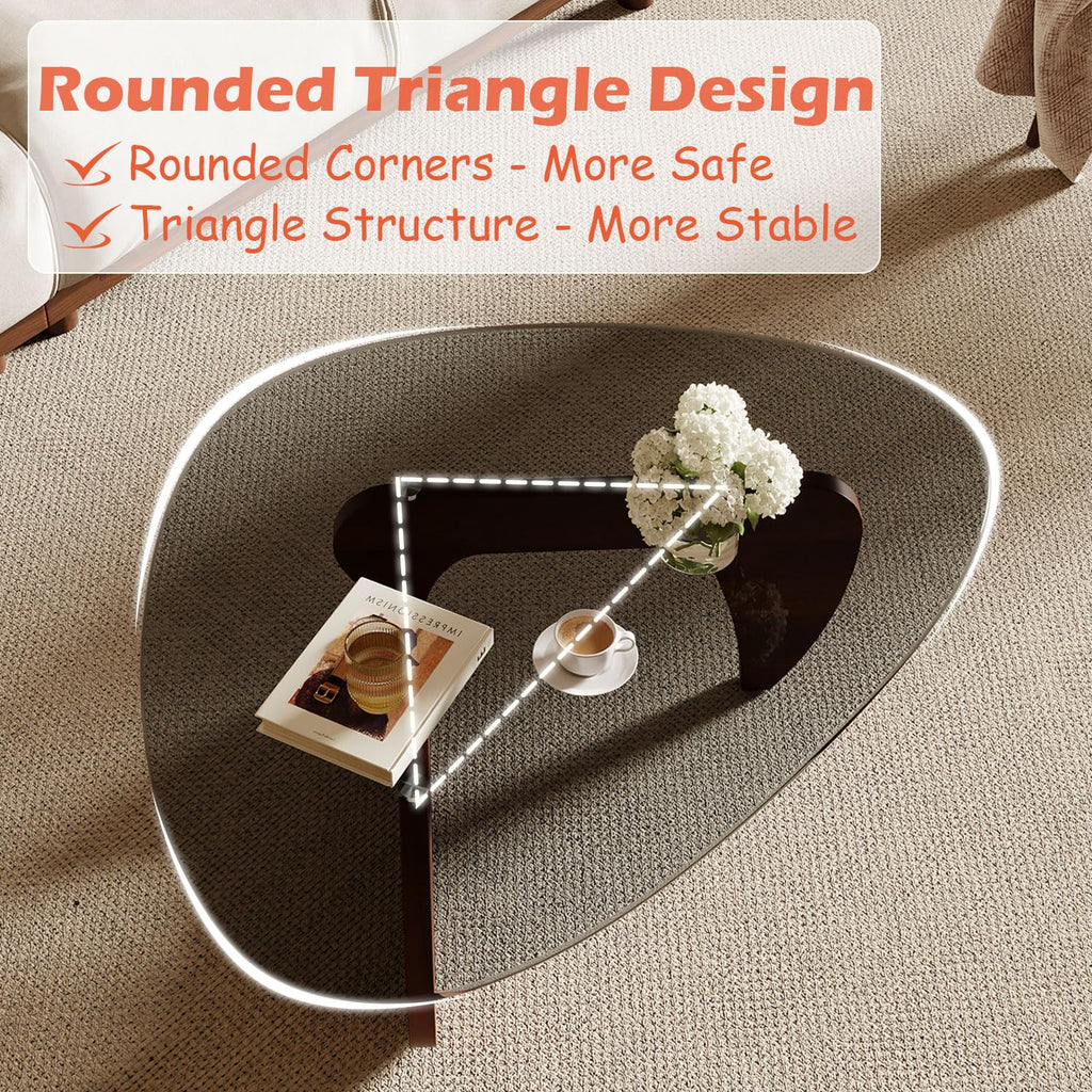 Modern Coffee Table and Small Spaces, 35.6" x 25.4" x 15.8" Triangle Tempered Glass Table Top and Solid Wood Base