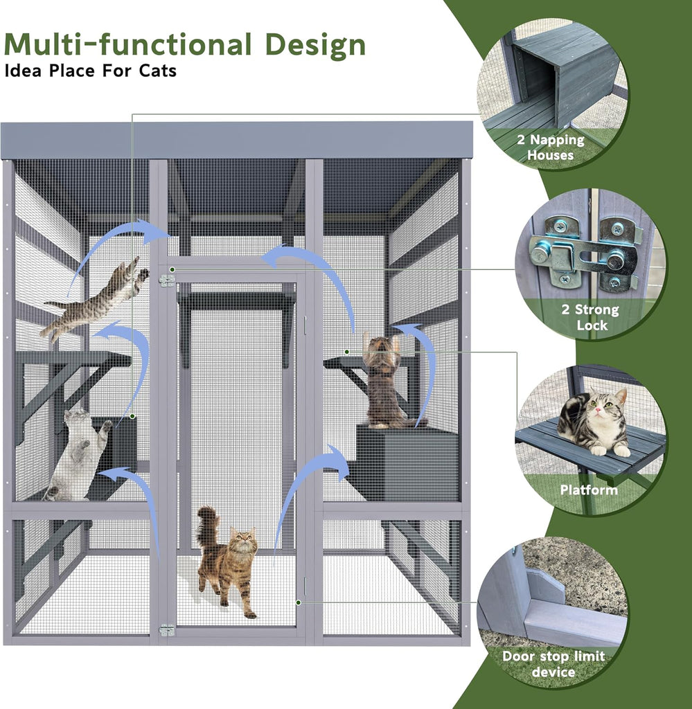 62.6in Wooden Outdoor Catio with Waterproof Roof, Platforms & 2 Cat Houses