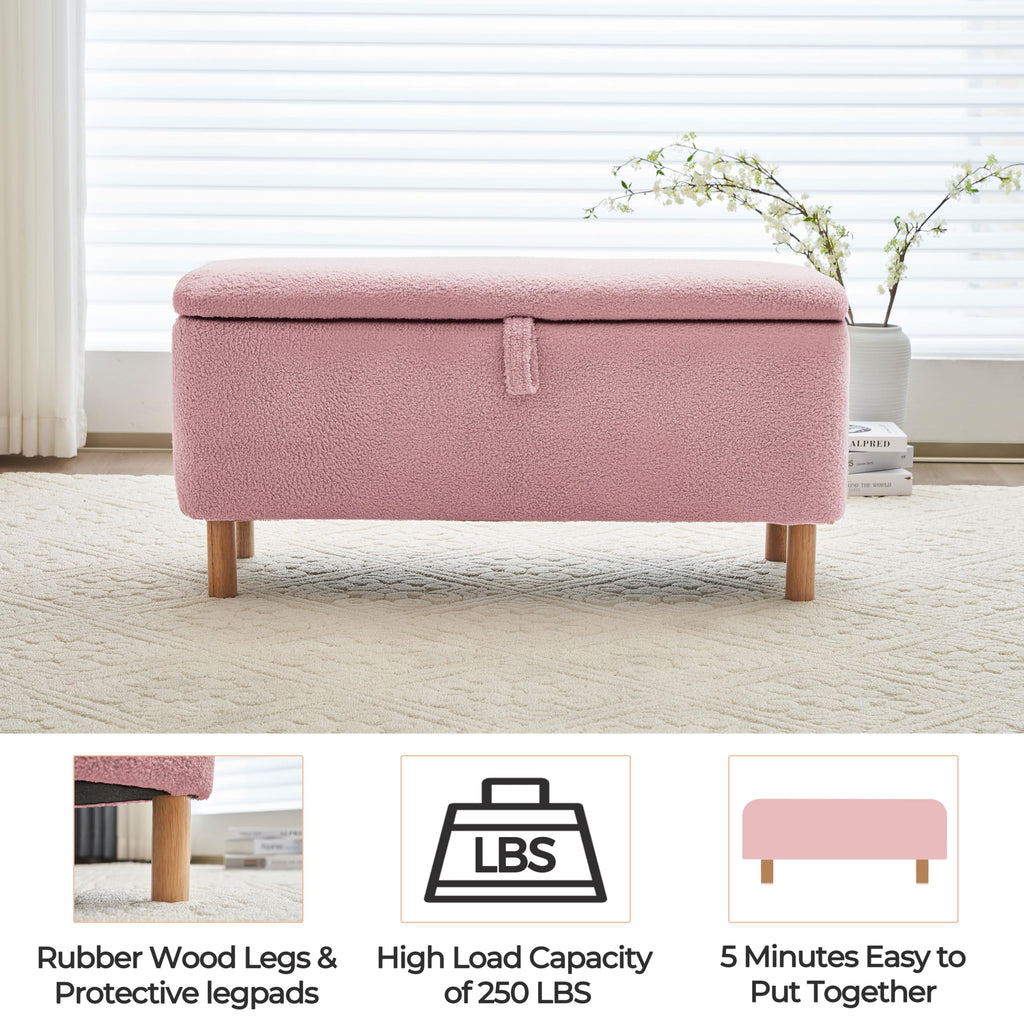 Boucle Storage Ottoman Bench end of Bed, Sherpa Upholstered Shoe Seat Storage Bench Bed Foot, Rectangle Cushion